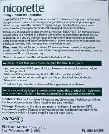 Nicorette Inhalator 15mg Instructions - 20 Cartridges