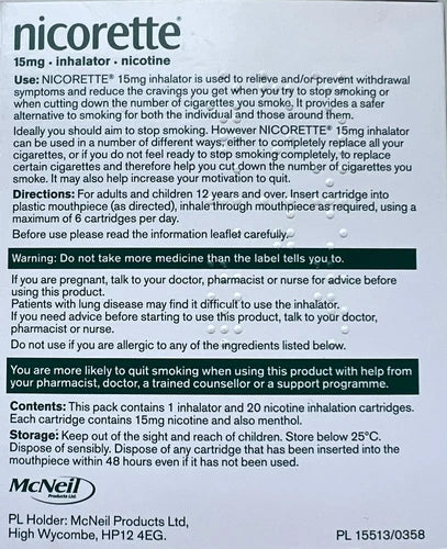Nicorette Inhalator 15mg Instructions - 20 Cartridges